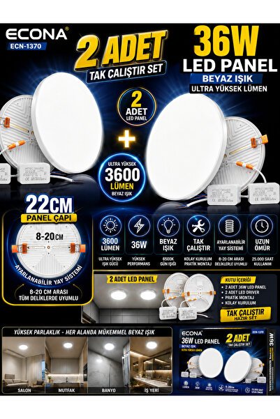 ECONA 2 ADET -36W LED Panel Ayarlanabilir BEYAZ IŞIK 8-20 cm Yaylı Asma Tavan...