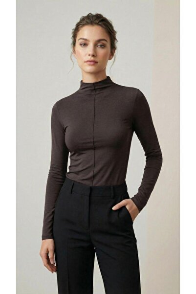 ladyzey Women's Brown Ribbed Fabric High-Neck Long-Sleeved Blouse with Front ...