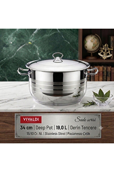 Vivaldi فيفالدي قدر عميق سودي 34 سم 19 لتر ستانلس ستيل 18/10 - تركي