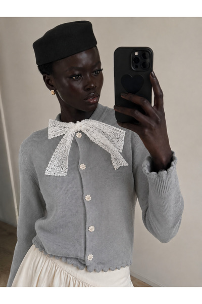 peri tower Women's Lace Bow Detailed Pearl Buttoned Ruffle Trim Knitwear Card...