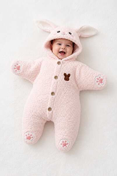 İZYALİF BABY Kız Bebek 0-6 Ay Tavşanlı Welsoft Peluş Kapüşonlu Kışlık Uyku Tu...