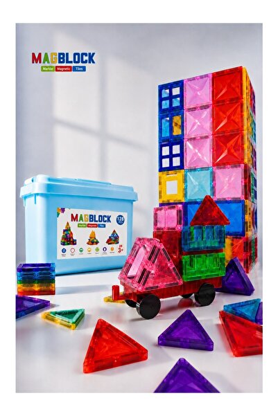 HIZIROĞLU AHŞAP 128 Pieces All Magnetic Building Blocks - Toy with Storage Box