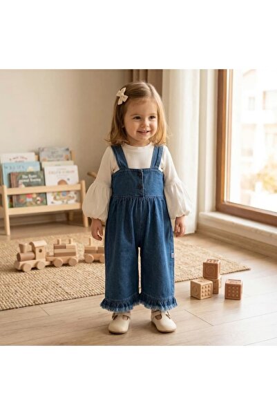 Valia Baby Palazzo Tasseled Jean Salopet Jumpsuit and Balloon Sleeve Blouse Set