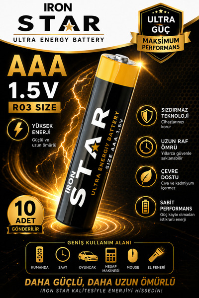 IRONSTAR 10 adet AAA pil / İnce kalem pil / AAA 1.5V pil / R03 pil / Kumanda ...