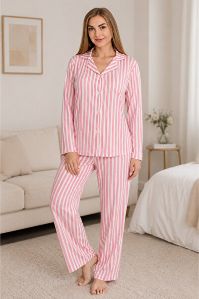 Genel Markalar Süet Kadın Pembe Beyaz Çizgili Pijama Takımı