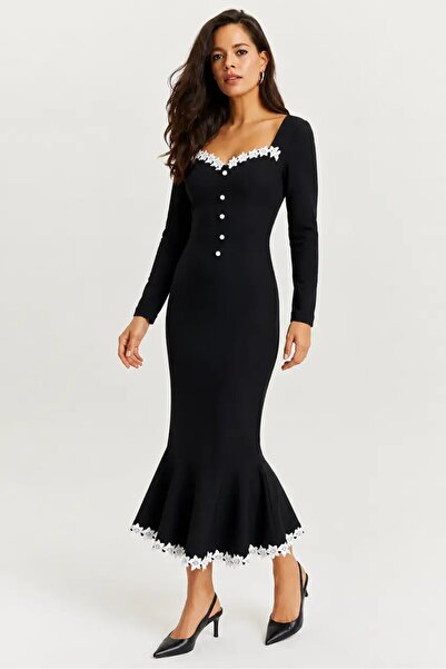 CARLA MARA Atlas Fabric Guipure Lace Detail Midi Dress Black
