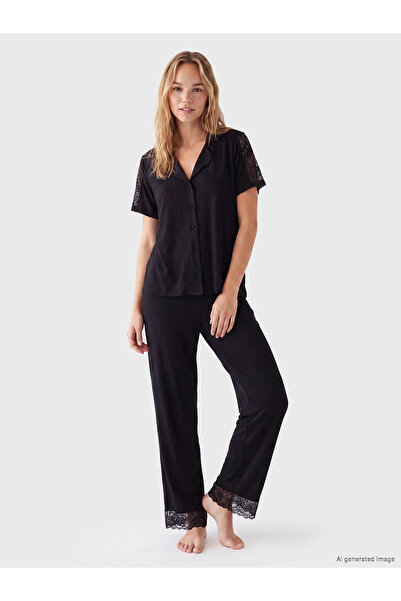 LC Waikiki Lcw Black Shirt Collar Women's Pajama Set