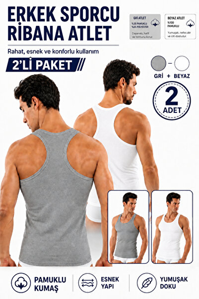 Alıç Men's Athlete Ribbed Undershirt 2-Pack White and Gray Color Cotton Flexi...