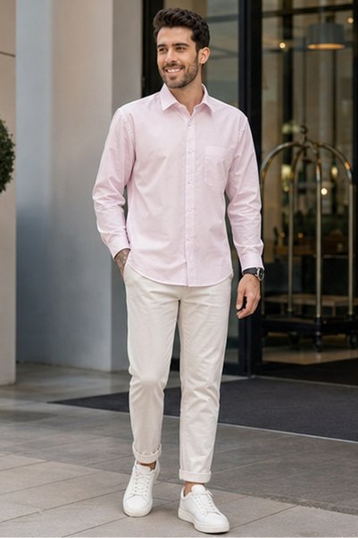 ETEN Men's Regular Fit Solid Long-Sleeve Shirt - Pink