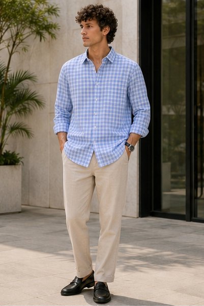 ETEN Men's Slim Fit Checked Long-Sleeve Shirt - Blue