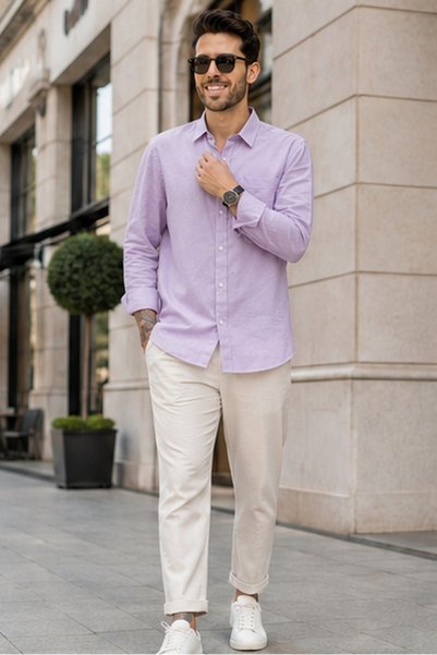 ETEN Men's Regular Fit Striped Long-Sleeve Shirt - Purple