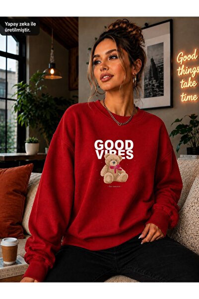 caddekombin Women's Good Vibes Teddy Bear Printed Round Neck Casual Cotton Ba...