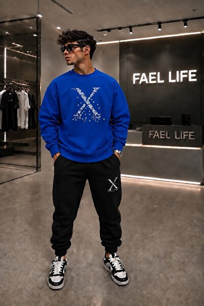 FAEL LİFE Unisex Comfortable Fit Zero Collar and Sweatpants X Printed Set