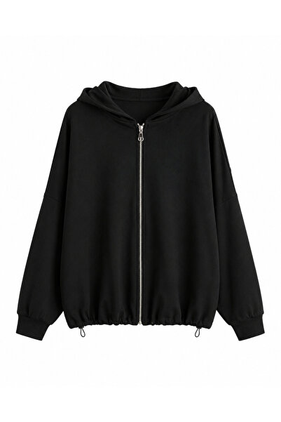 peri tower Women's Hooded Zippered Double Face Interlock Oversize Cardigan 2820