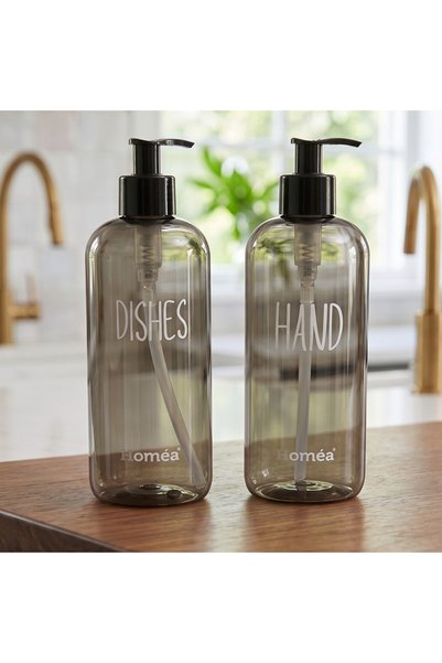Homea Dozator de săpun Hands Dishes în culoare fumurie – Dozator de săpun elegant și modern pentru bucătărie și baie, dozator de săpun lichid