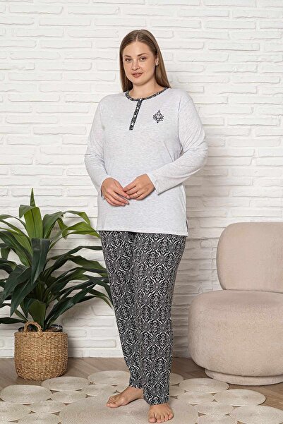 ALİMER Plus Size Women's Pajama Set - Gray Ethnic Pattern Long Sleeve Lycra F...