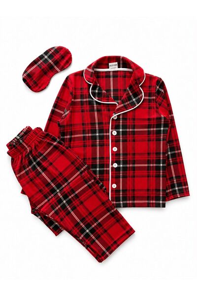 ALİŞ KİDS Suitable for Boy and Father Suede Fabric Red Plaid Pattern Shirt Collar Buttoned Winter Pajama Set