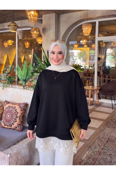 Trend Paris Altı Dantel Detaylı Oysho Kumaş Oversize Tunik Siyah