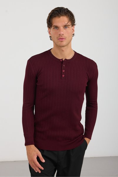 No Way Men's Half Placket Buttoned High Collar Hair Braided Knitwear