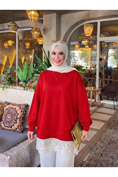 Trend Paris Altı Dantel Detaylı Oysho Kumaş Oversize Tunik Kırmızı