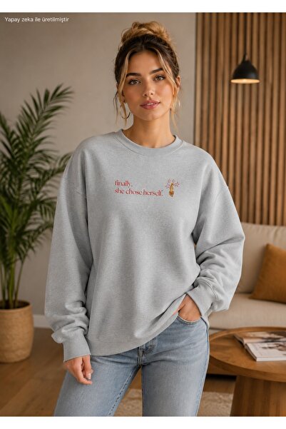 caddekombin Women's Finally She Chose Herself Written Cat Printed Round Neck ...