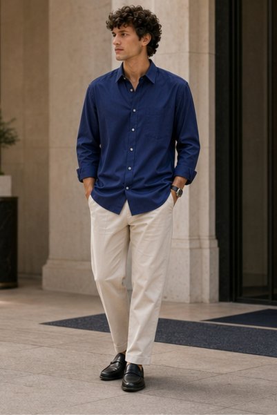 Cortigiani Men's Regular Fit Solid Long-Sleeve Shirt - Navy