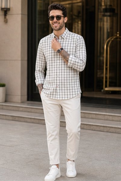 KILLER Men's Slim Fit Checked Cotton Long-Sleeve Shirt - Khaki
