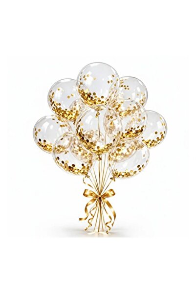 Onay Store 10 Adet Şeffaf Gold Konfetili Balon Seti - Parti - Doğum Günü Süsl...