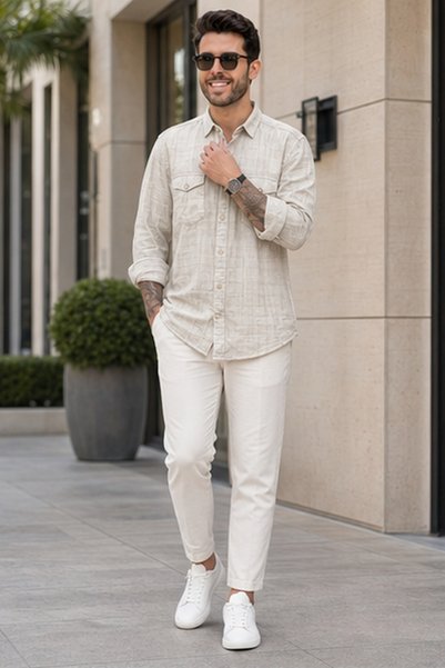 RIVER BLUE Men's Slim Fit Long-Sleeve Shirt - Beige