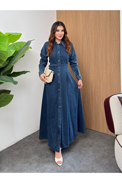 MiraMore Butik قميص نسائي بياقة وحزام وأزرار من الدنيم، فستان طويل