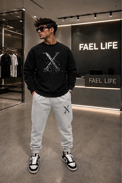 FAEL LİFE Unisex Comfortable Fit Zero Collar and Sweatpants X Printed Set