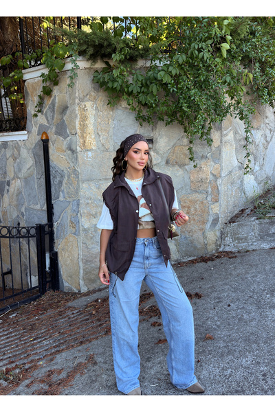 mekabutik Brown Shoulder Gathered Trench Vest