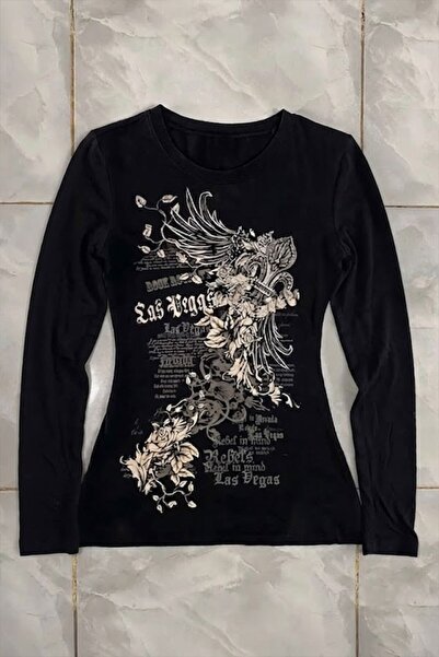 Köstebek Black Las Vegas Rebels Grunge Y2K Long Sleeve Crop