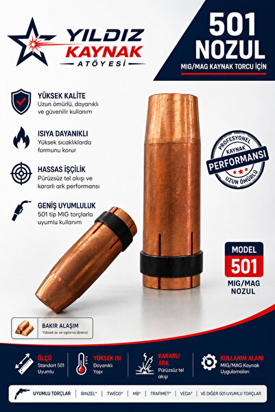 Genel Markalar 501 Gaz Nozulu 5'li Paket MIG MAG Kaynak Torcu Uyumlu Bakır No...