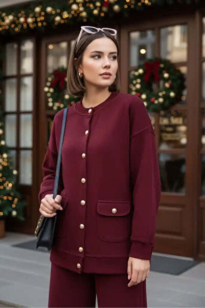 Aselim Hijap Moda Oslo Selanik Kumaş Hırka İkili Takım – Oversize Kalıp – Kışlık Takım Bordo
