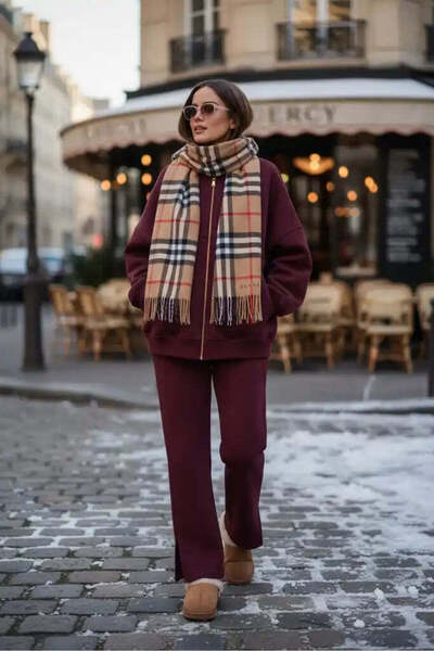 Aselim Hijap Moda 3 İplik Şardonlu Bomber İkili Takım | Takım Bordo