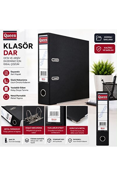 Quen Queen Dar Klasör A4 5 cm Metal Parmaklıklı Yazılabilir Etiketli Siyah Ar...