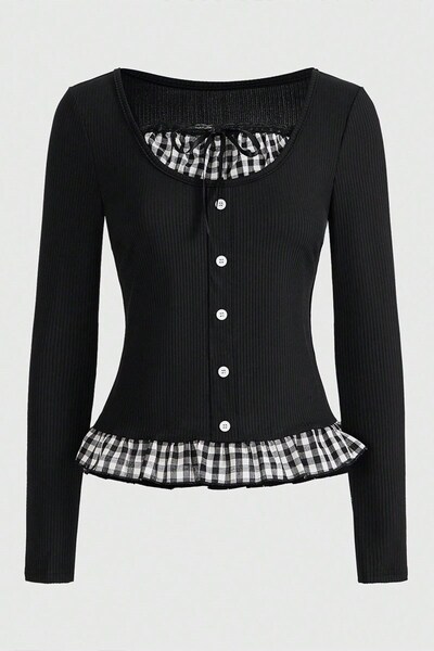 Köstebek Black Plaid Gingham Detailed Ribbed Y2K Long Sleeve Crop Top