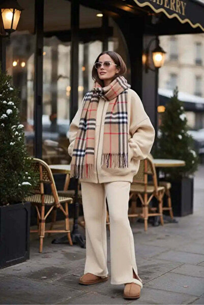 Aselim Hijap Moda 3 İplik Şardonlu Bomber İkili Takım | Pamuklu Rahat Takım Krem