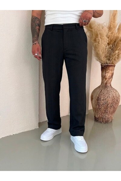 OUTFİT MAN Linen Embroidered Baggy Trousers Black