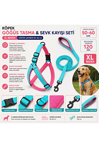 Baron Pet Köpek Göğüs Tasması ve Sevk Kayışı Seti XL Beden 50-60 cm File Asta...