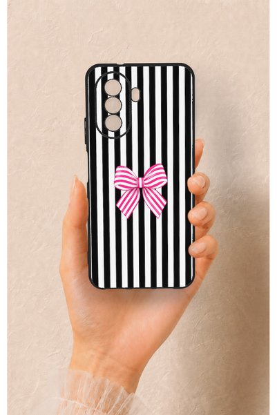 Vip Case Huawei Nova Y70 Compatible Pink and White Ribbon Patterned Silicone ...