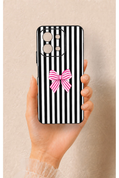 Vip Case Vivo Y28 Compatible Pink and White Ribbon Patterned Silicone Case