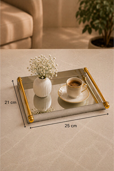 Leila Paslanmaz Çelik Sunum Tepsisi - Gold Metal Kulp Kahve Çay Servis Tepsisi 21x25 cm