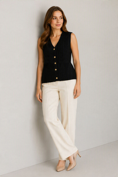 Sementa Baklava Motif Buttoned Wool Vest - Black