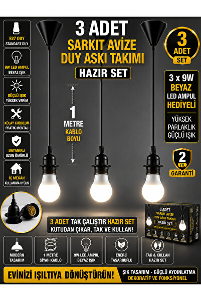 ECONA 3'ADET Sarkıt Avize Duy Askı Takımı Seti - 1 Metre Siyah Kablolu E27 Du...