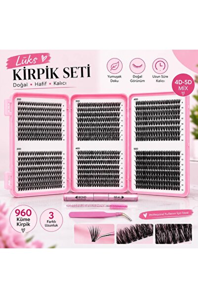 Floraglow 4D-5D Mix Küme ipek Kirpik Seti 960 Adet – 3 Farklı Uzunluk Profesyonel Kirpik Uzatma Seti