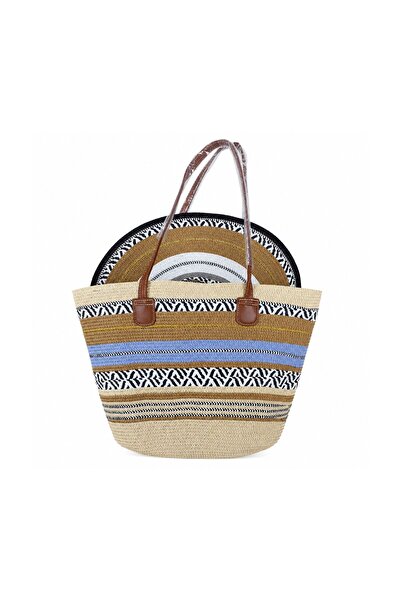 DmarQa Women’s Multicolor Woven Straw Beach Tote Bag with Hat and Long Shoulder Handles, Large Capacity Summer Handbag for Travel, Shopping, Vacation, Picnic & Daily Use – Beige Blue Black White