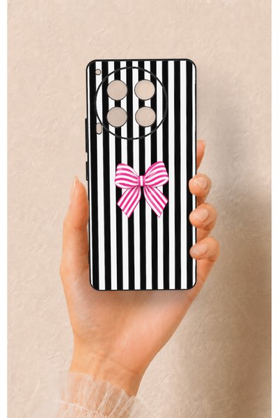 Vip Case Tecno Camon 30 Compatible Pink and White Ribbon Patterned Silicone Case