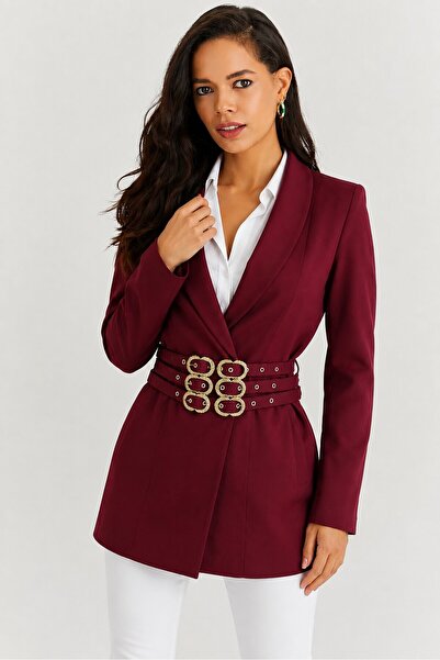 CARLA MARA Burgundy Belt Detailed Women's Blazer Jacket